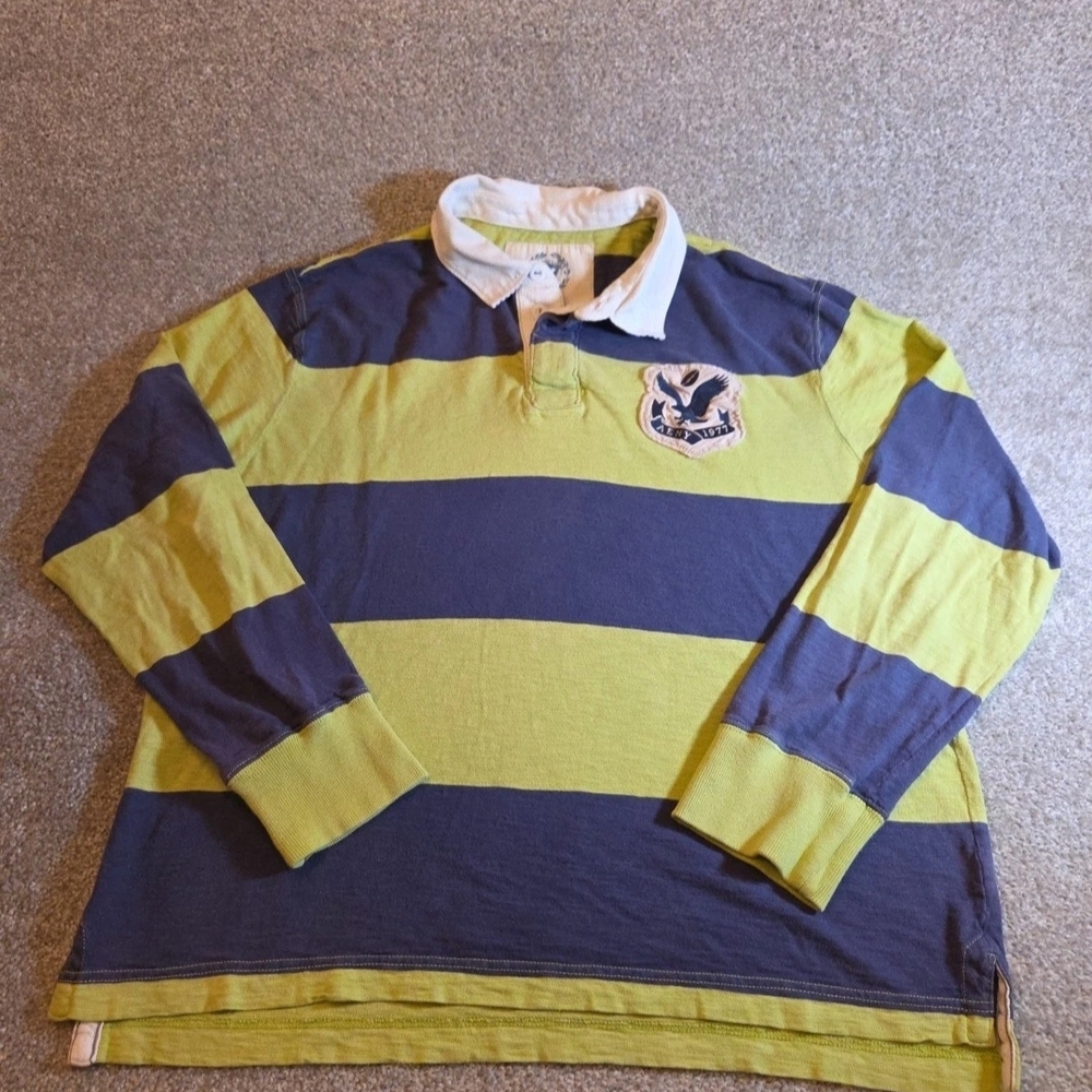 Mens American Eagle Rugby Shirt Striped Collar Long Sleeve Size XL Blue & Lime